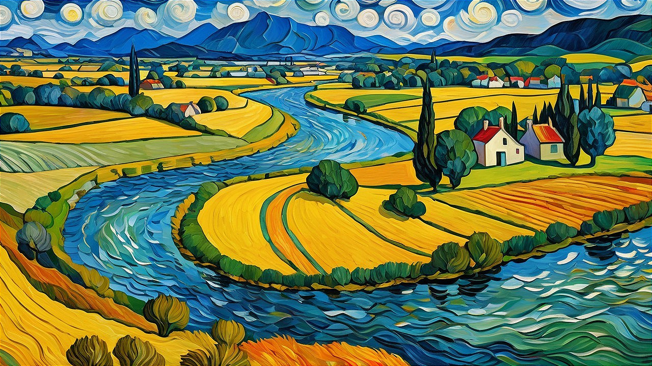 Vibrant Landscape with Fields, River, and Mountains