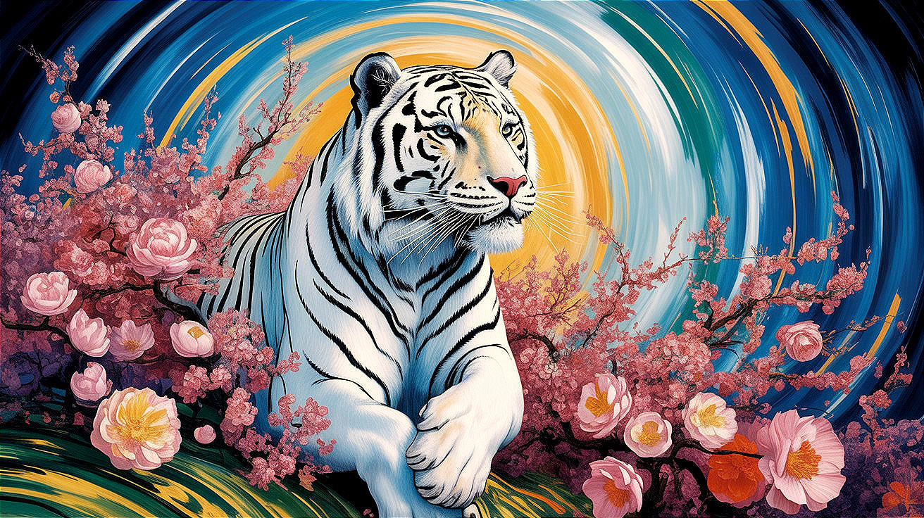 White Tiger Among Cherry Blossoms in Vivid Colors