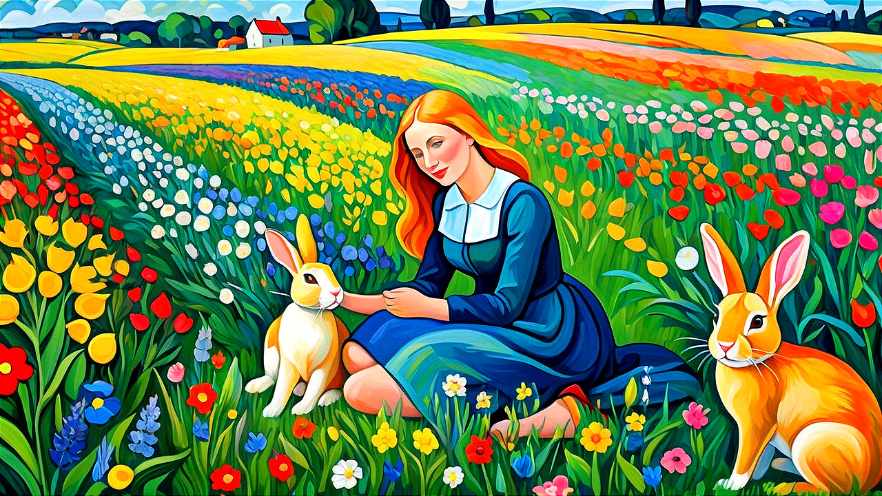 Colorful Meadow Scene with Young Woman and Rabbits
