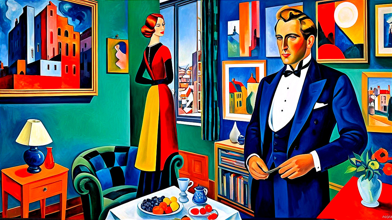 Stylized Interior with Colorful Art and Elegant Attire