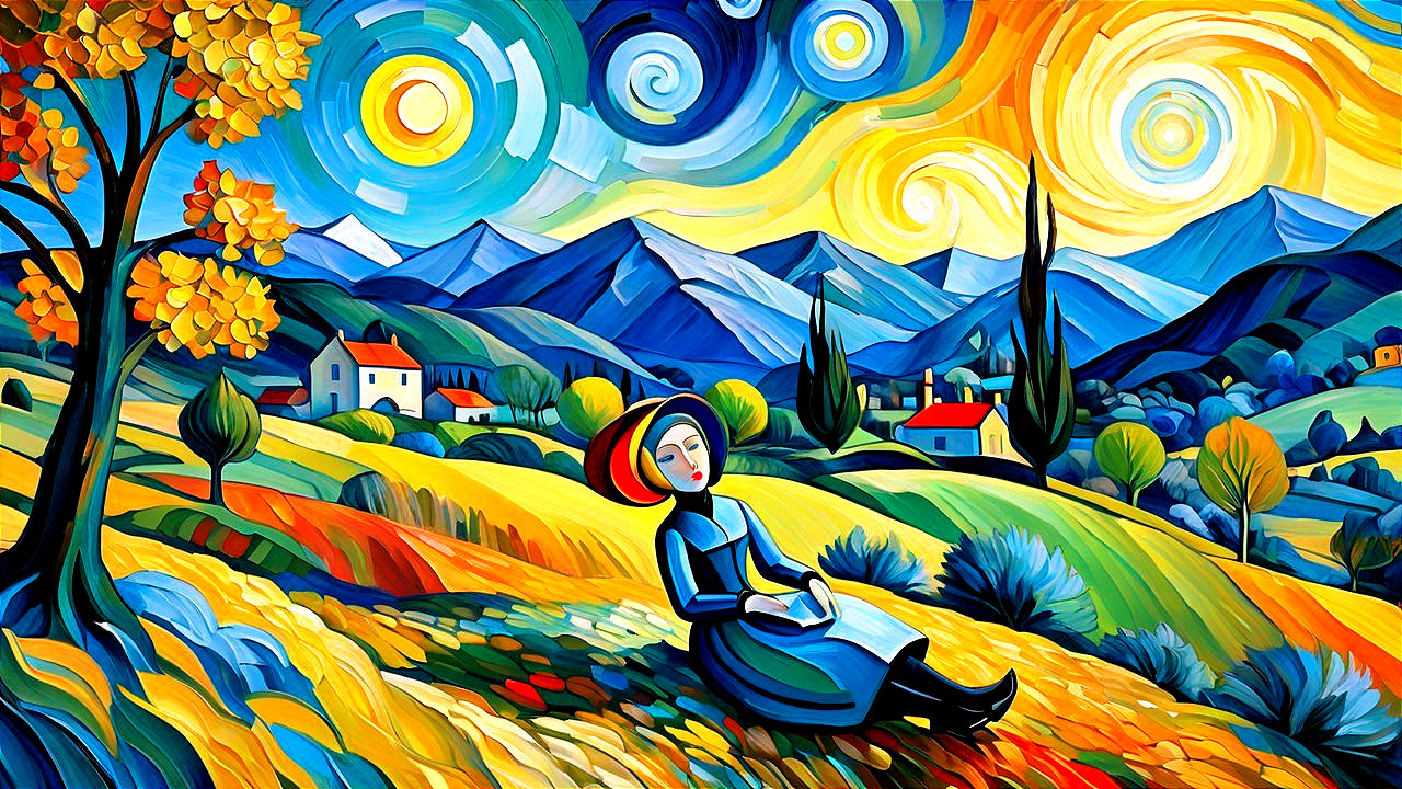 Vibrant Landscape with Rolling Hills and Colorful Trees