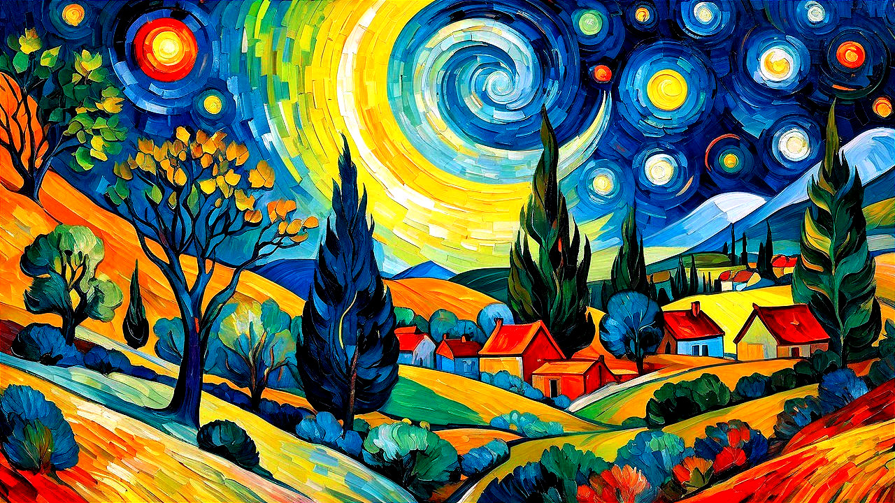 Vibrant Landscape with Swirling Skies and Celestial Bodies