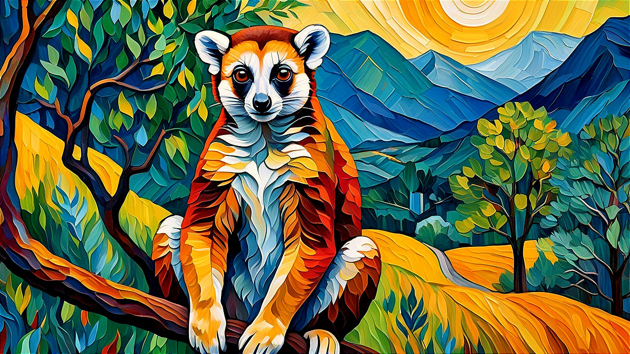 Colorful Painting of Lemur in Vibrant Landscape
