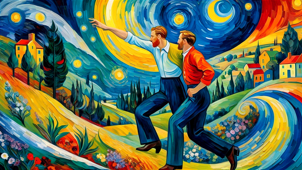 Vibrant Landscape with Figures and Celestial Scene