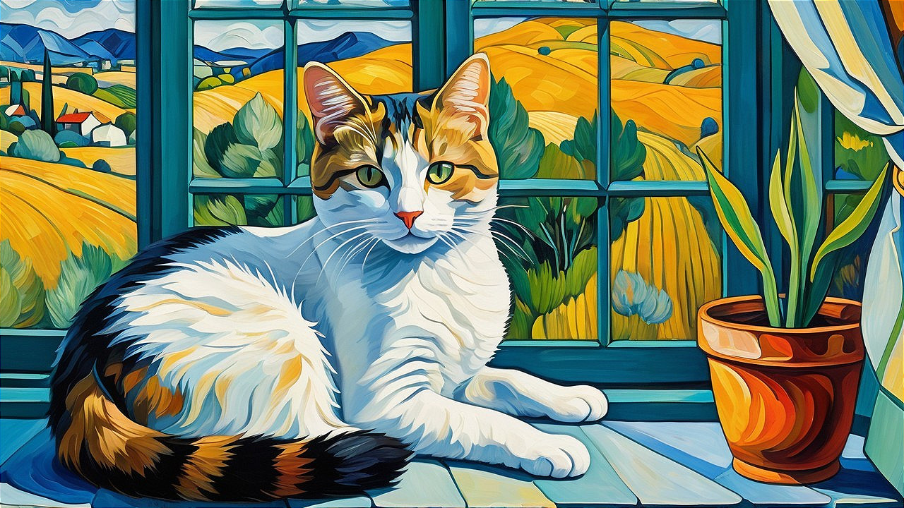 Colorful Painting of a Calico Cat by a Window