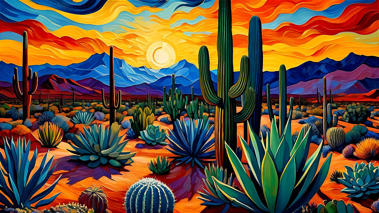 Vibrant Desert Landscape with Colorful Sunset Sky