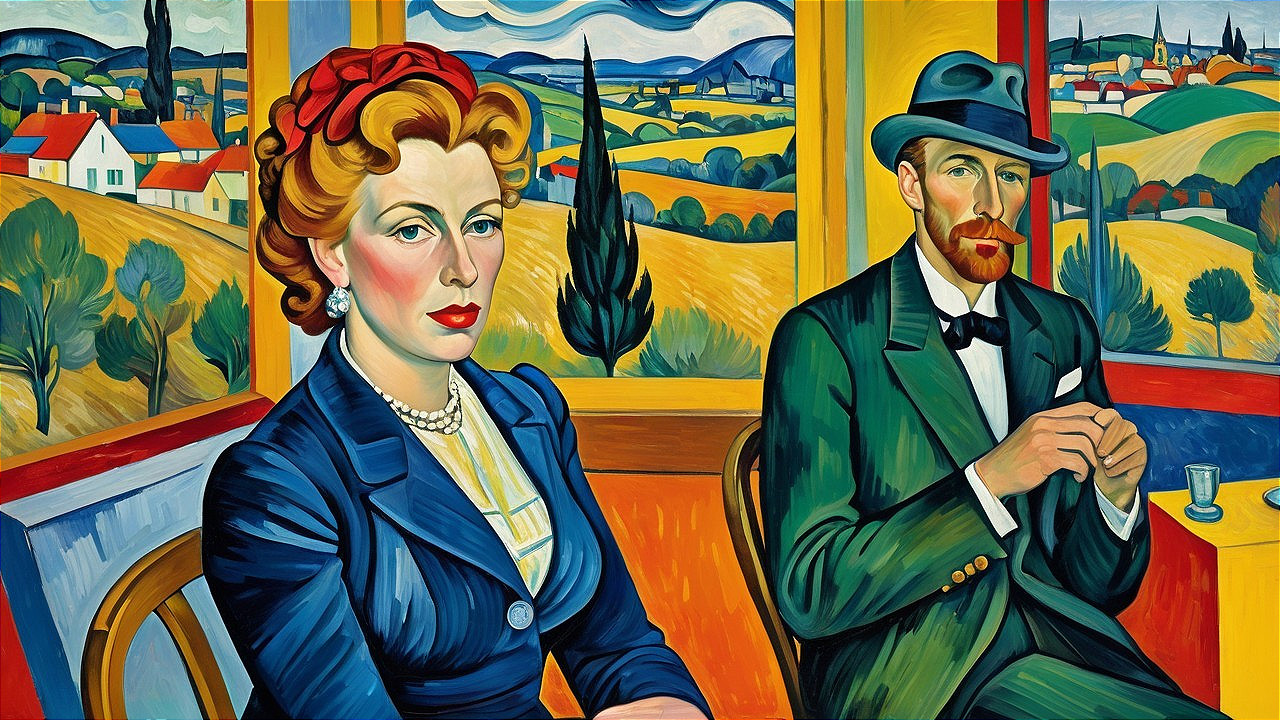 Stylized Portrait of a Woman and Man in Landscape