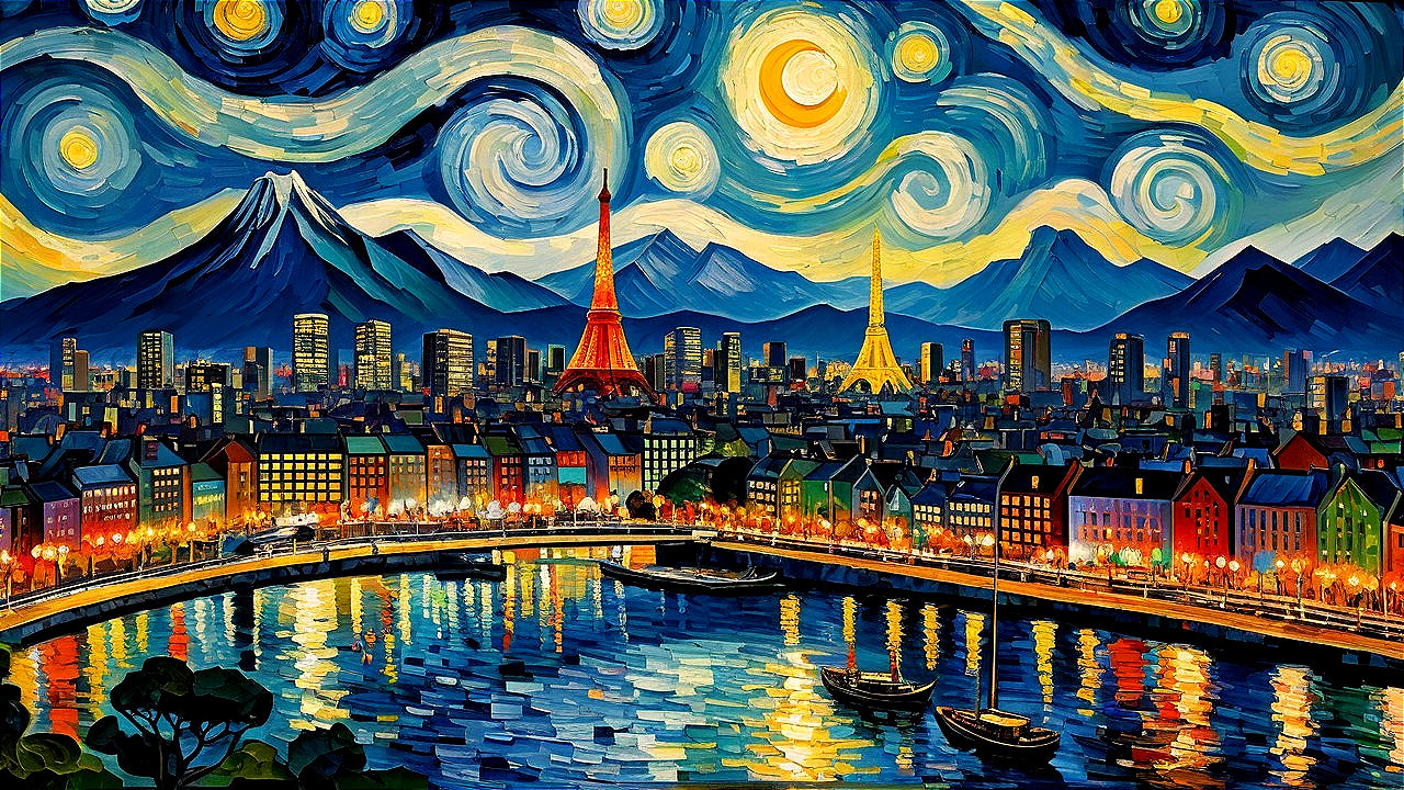 Colorful Night Cityscape with Mountains and River