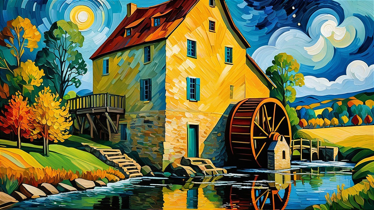 Impressionistic Scene of Yellow Mill by Water with Trees