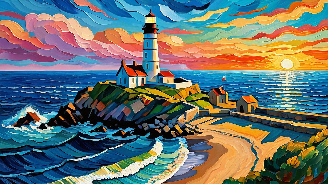 Colorful Lighthouse Landscape at Sunset by the Shore