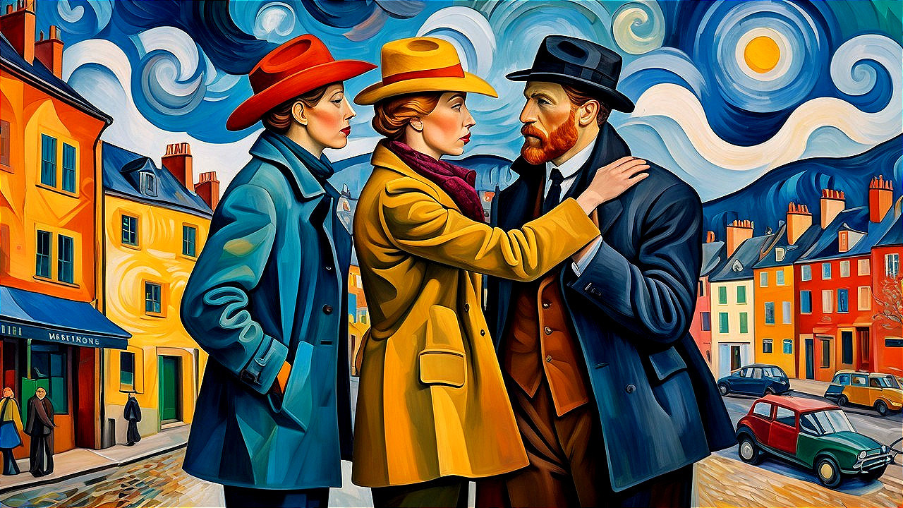 Vibrant City Scene with Three Figures in Interaction