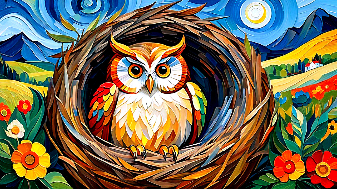 Colorful Owl in Nest Surrounded by Blooming Flowers