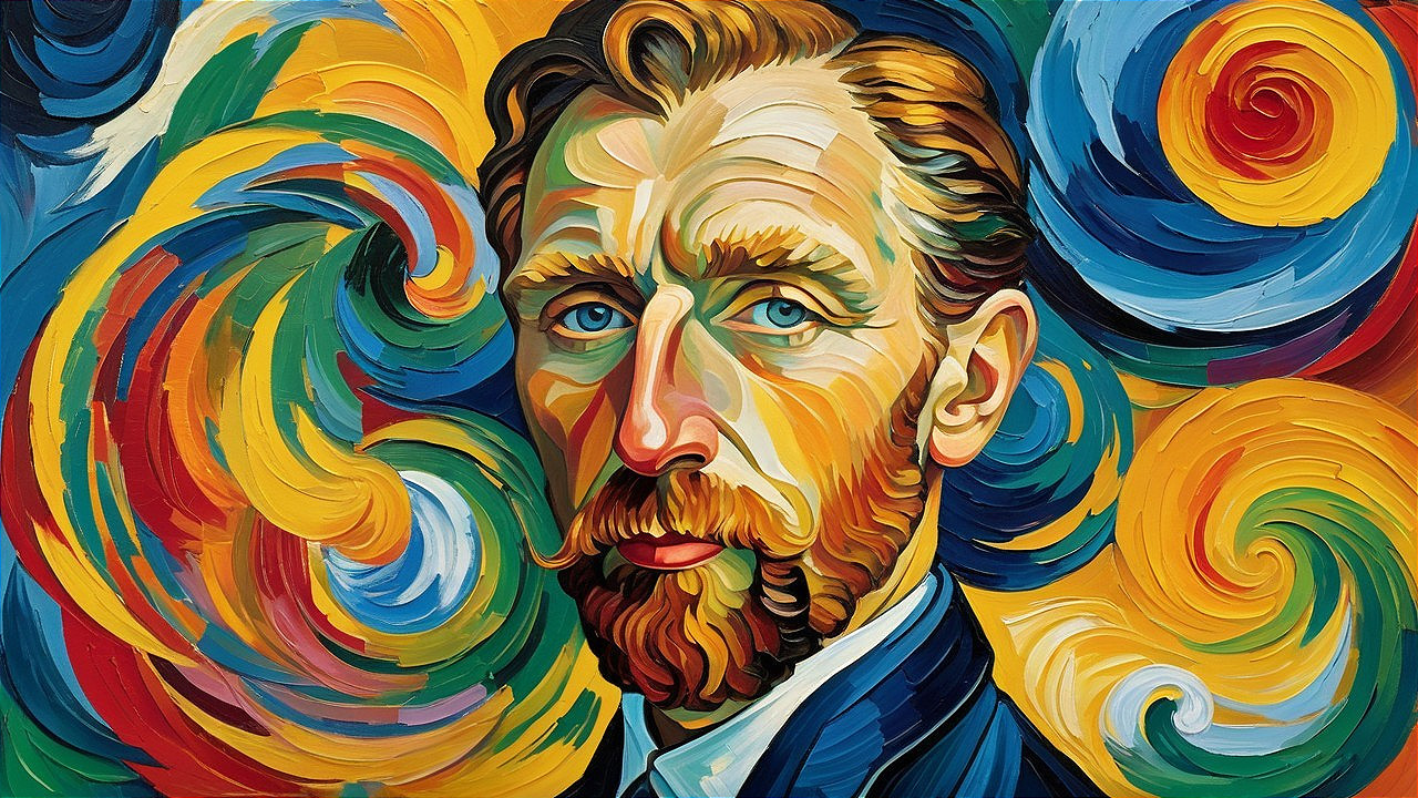 Vibrant Self-Portrait with Blue Eyes and Reddish Beard