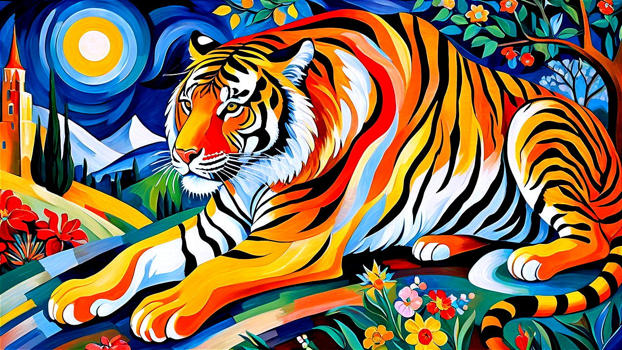 Colorful Tiger in Lush Stylized Landscape Painting