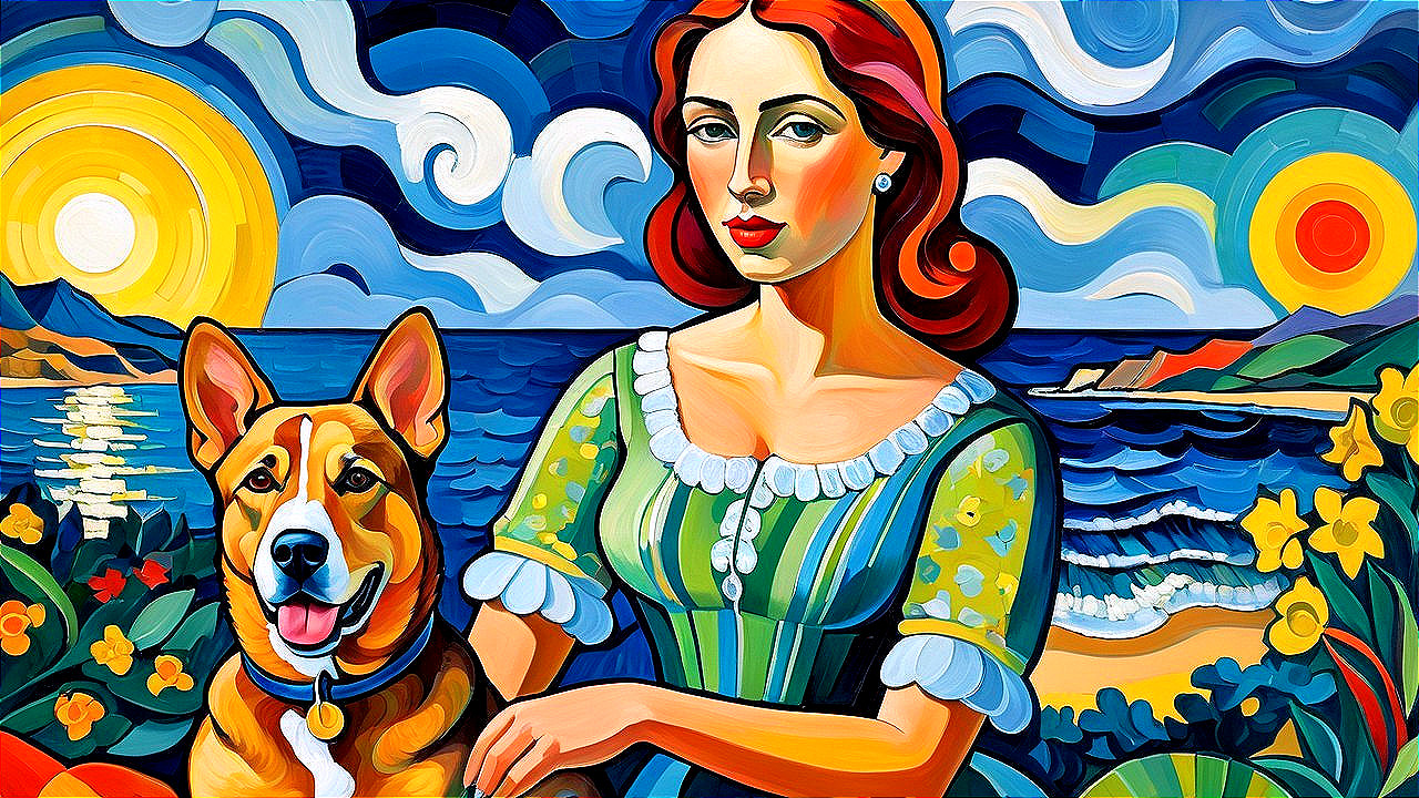 Vibrant Seaside Scene with Woman and Dog in Gown