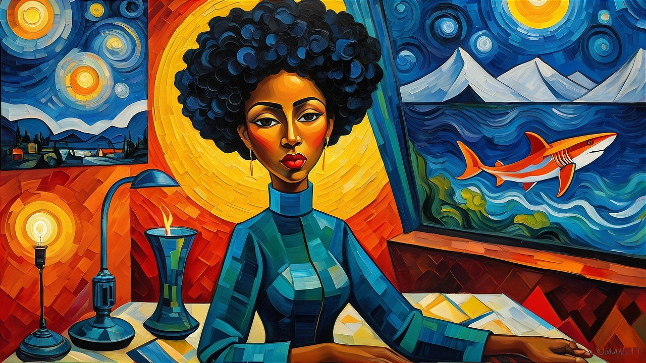 Vibrant Painting of Woman with Afro and Dynamic Landscape