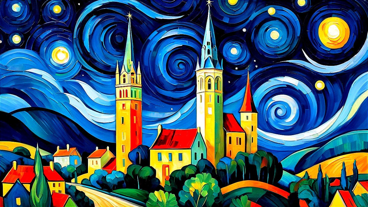 Vibrant Night Sky Over Charming Village Landscape