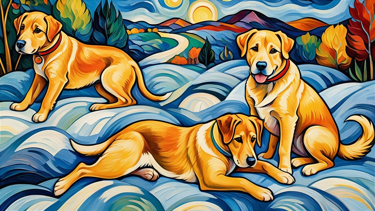 Vibrant Painting of Three Golden Retrievers in Nature