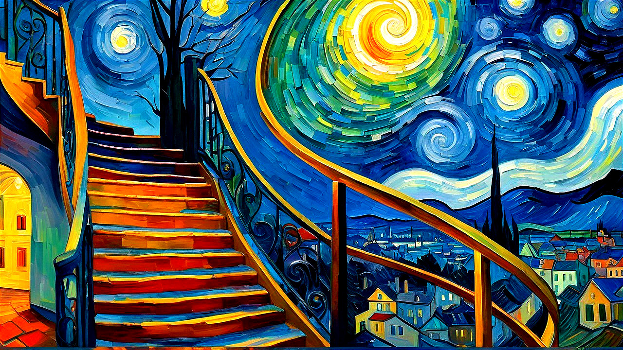 Vibrant Night Sky with Stars and Winding Staircase
