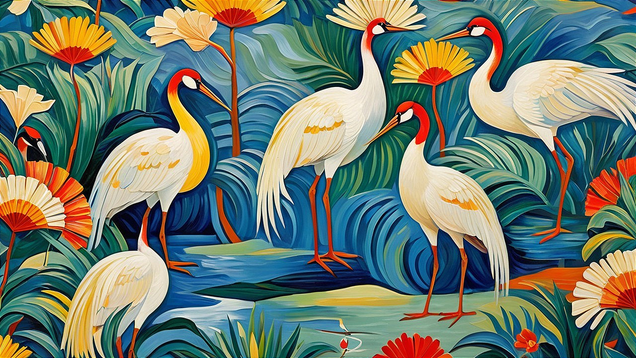 Vibrant Depiction of Elegant Birds and Lush Flora
