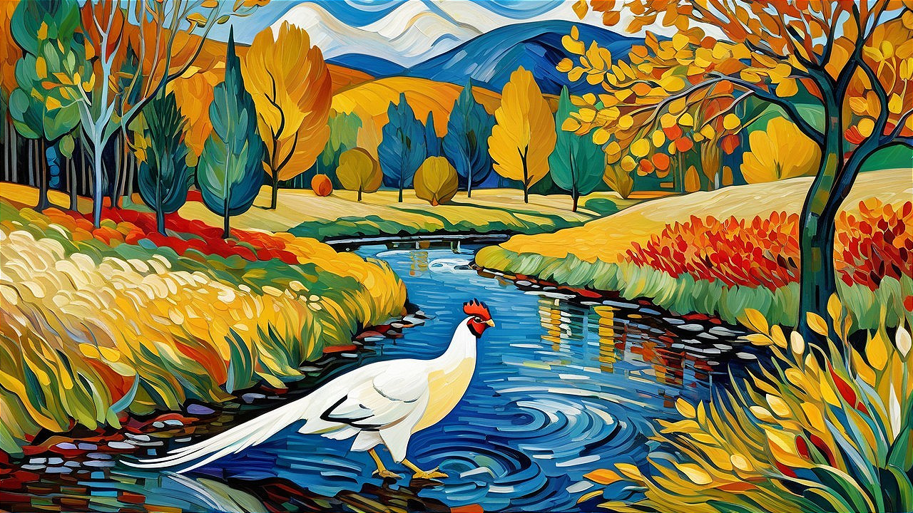 Vibrant Autumn Landscape with River and Mountains