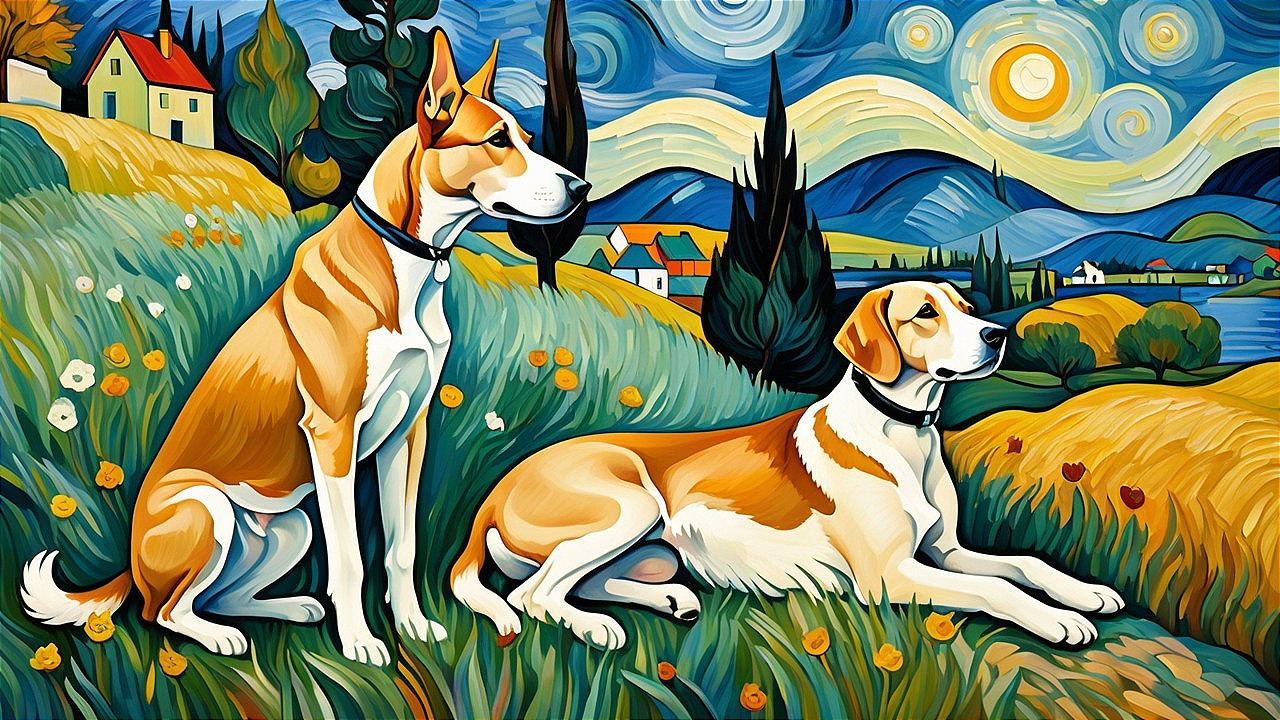 Stylized Dogs in Vibrant Impressionist Landscape