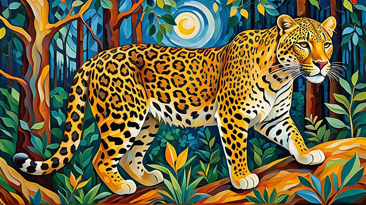 Vivid Leopard in Lush Forest with Stylized Moon
