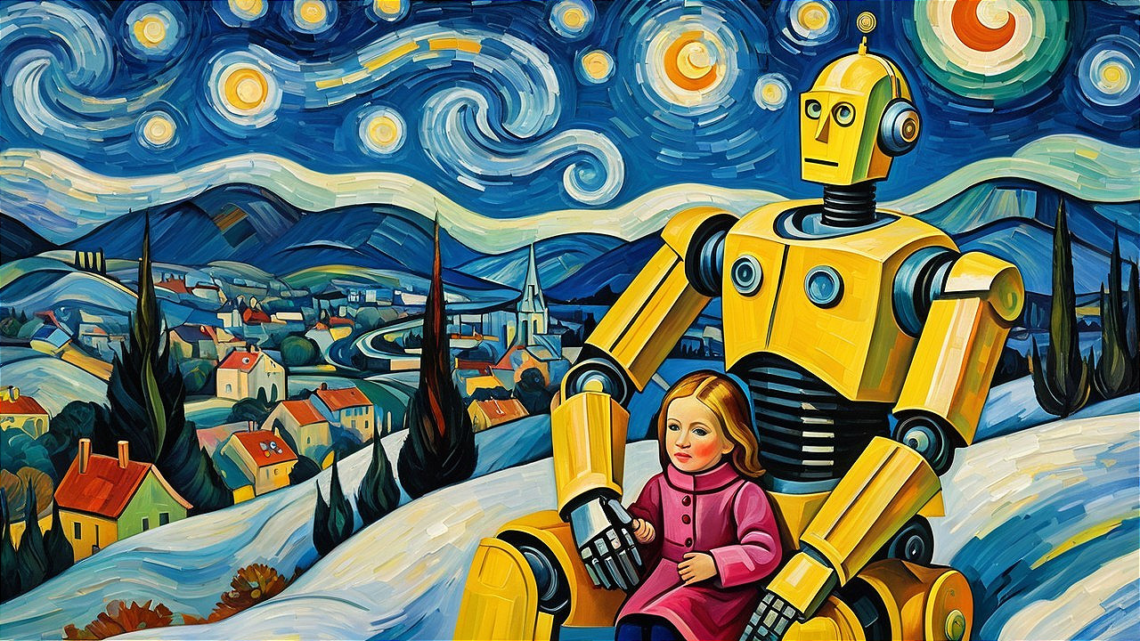 Whimsical Robot and Girl Under Starry Night Sky
