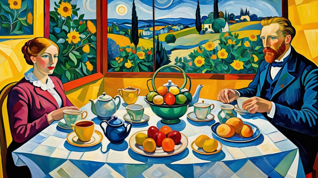 Couple Enjoys Breakfast in Sunlit Room with Sunflowers