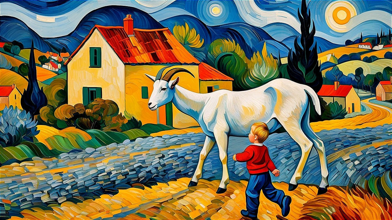 Vibrant Oil Painting of Boy and Goat on Dirt Path