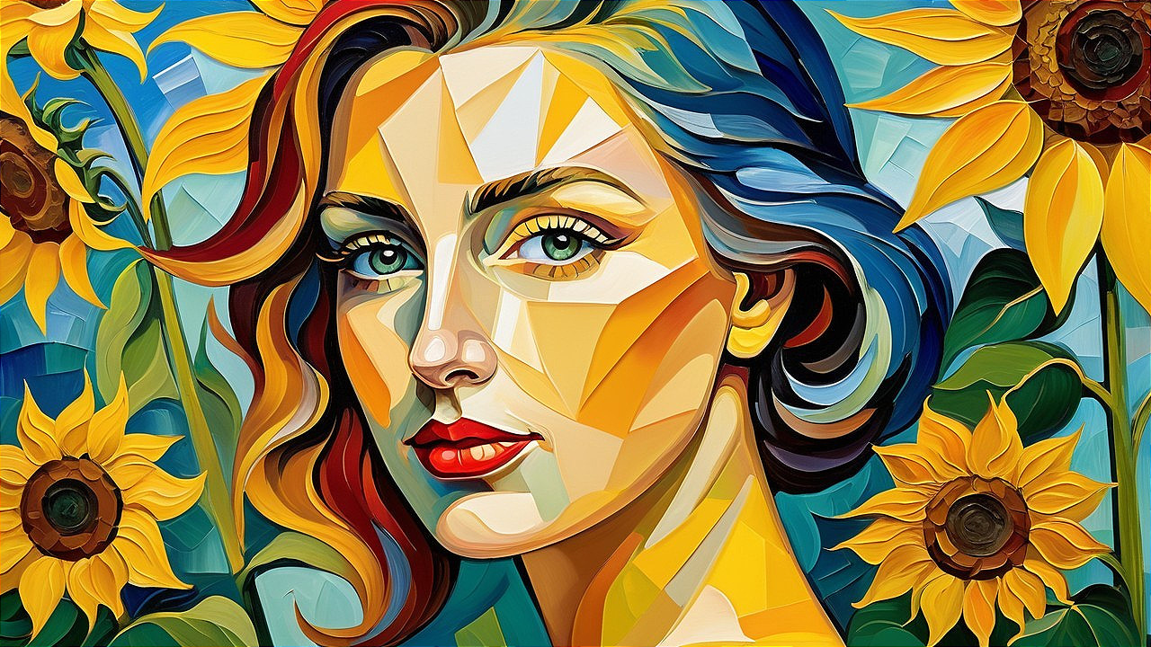 Stylized Portrait of Woman with Sunflowers and Colors
