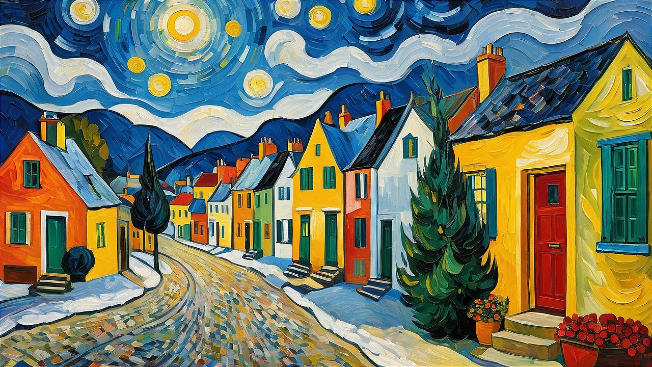 Vibrant street scene with colorful houses and night sky