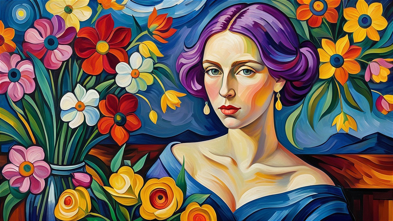 Vibrant Portrait of Woman with Purple Hair and Flowers