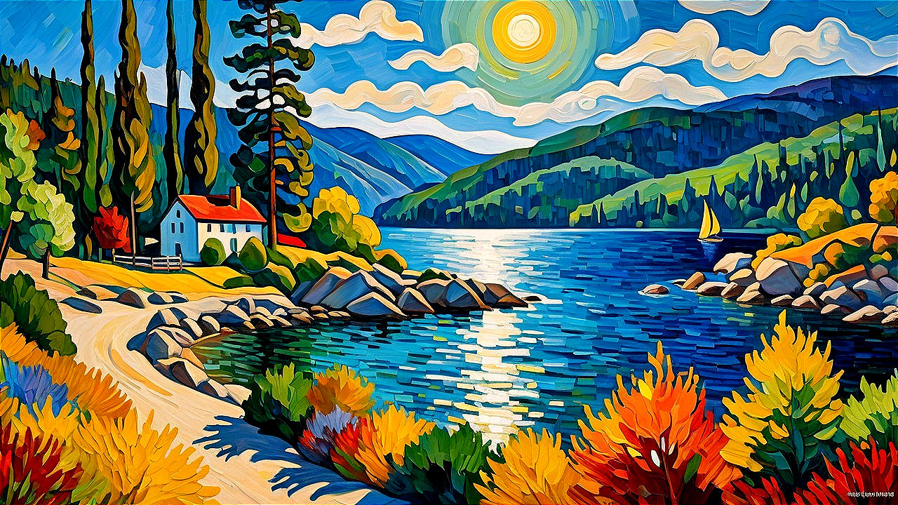 Vibrant Landscape Painting of Lake and Mountains