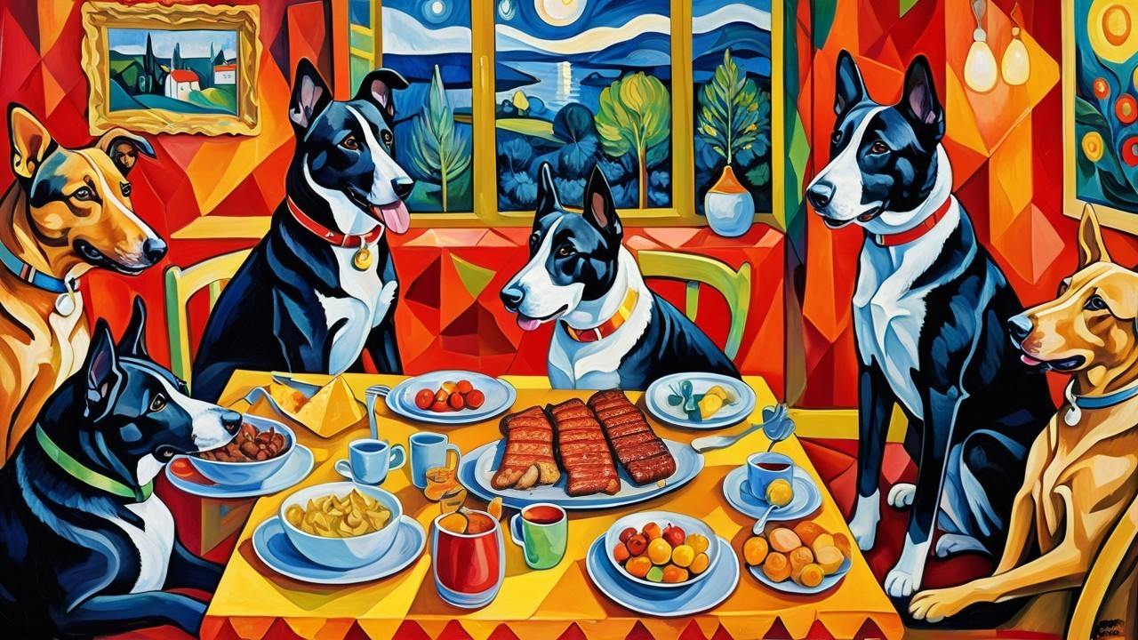 Dogs Dining Together in a Colorful Landscape Scene