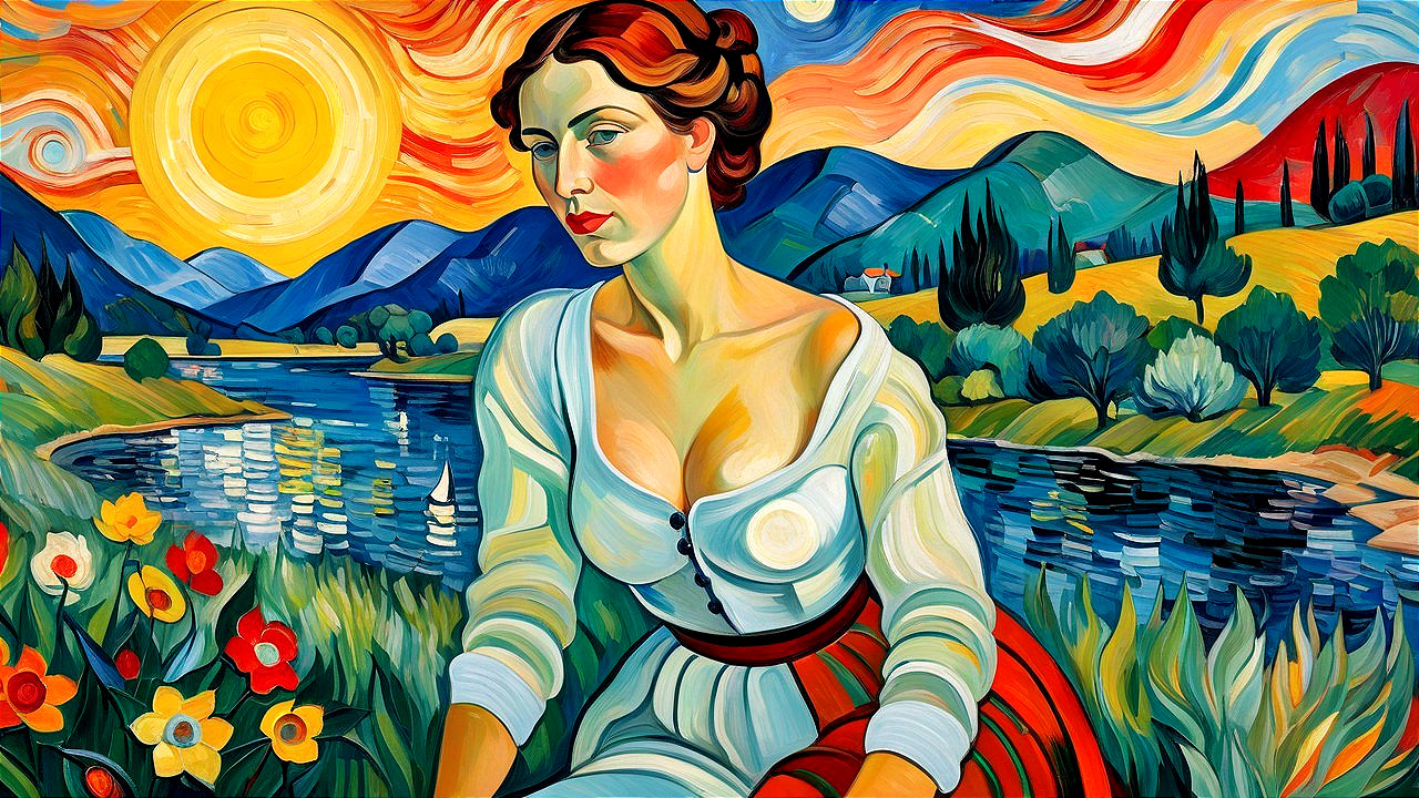 Vibrant Painting of Woman by River with Scenic Hills