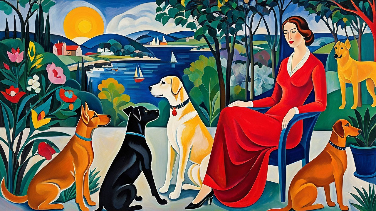 Colorful Painting of Woman in Garden with Dogs
