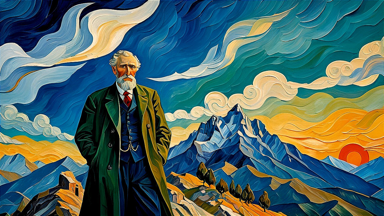 Stately figure in formal attire against vibrant sunset landscape