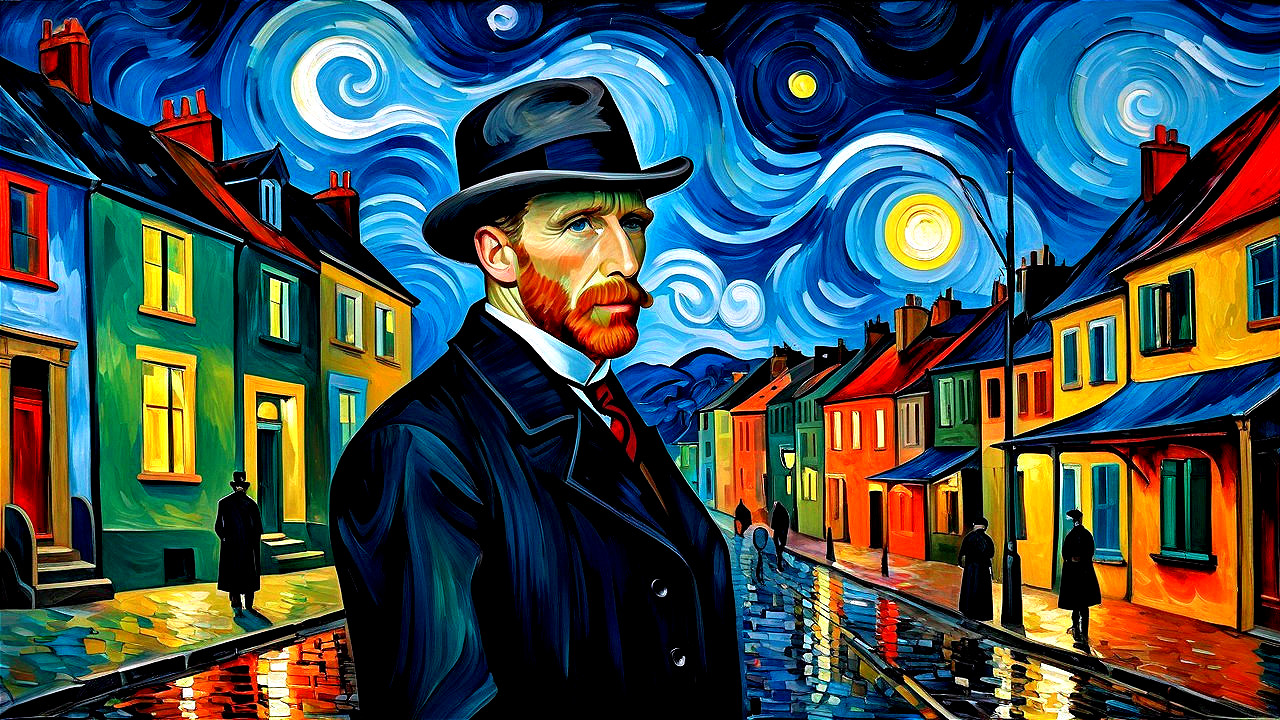 Vibrant Scene of a Man in a Colorful Night Street