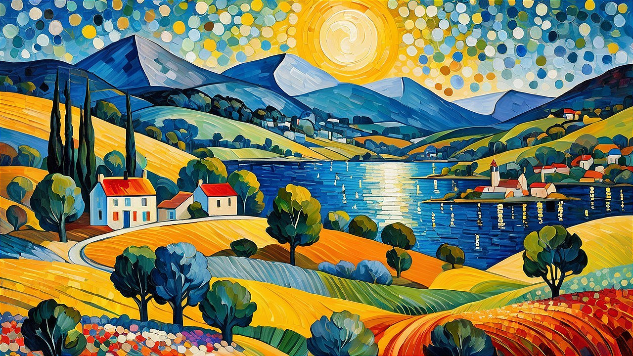 Vibrant Landscape with Hills, Lake, and Distant Mountains