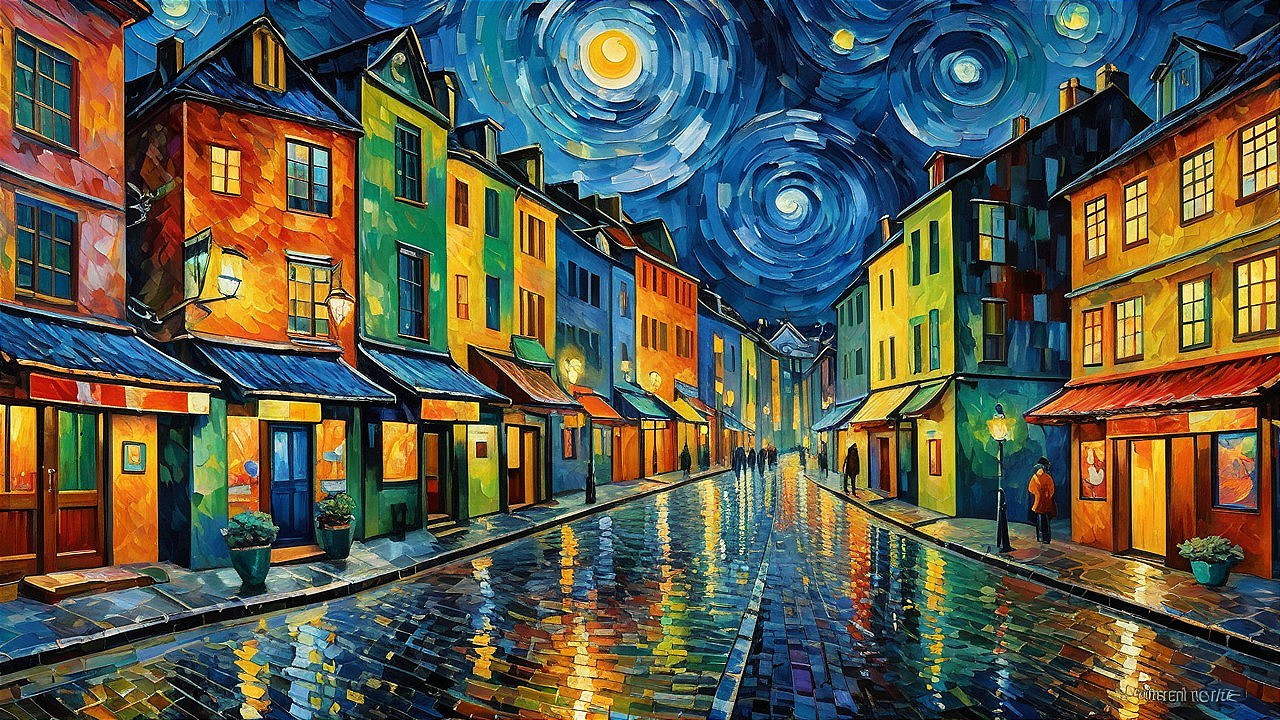 Vibrant Night Street Scene in Van Gogh Style Painting