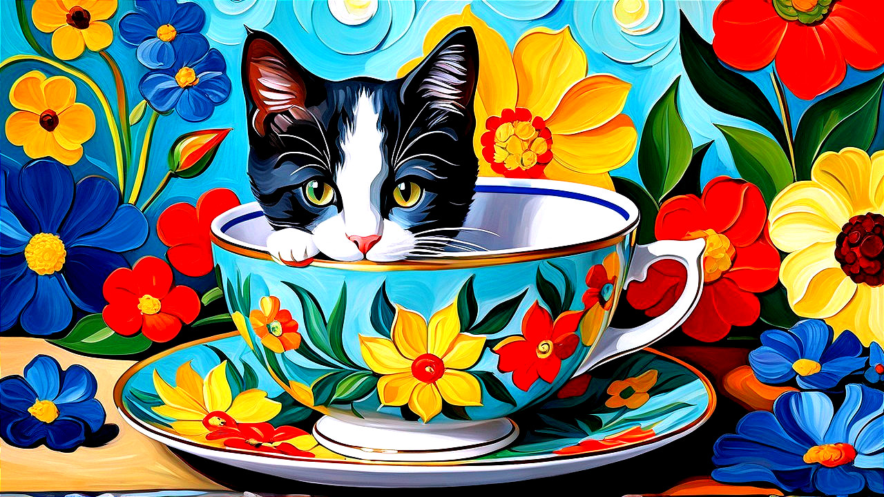 Colorful Painting of Kitten in Floral Teacup