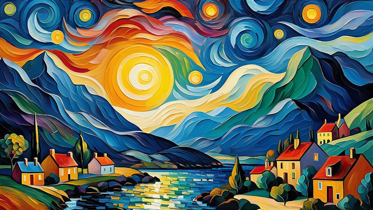Vibrant Landscape Painting with Bold Colors and Light
