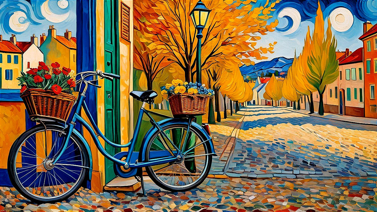 Autumn Scene with Bicycle and Colorful Flowers