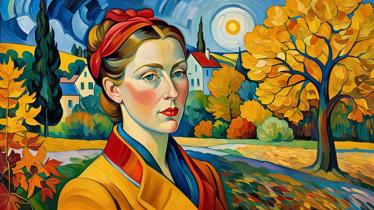Young Woman in Yellow Jacket Against Autumn Landscape