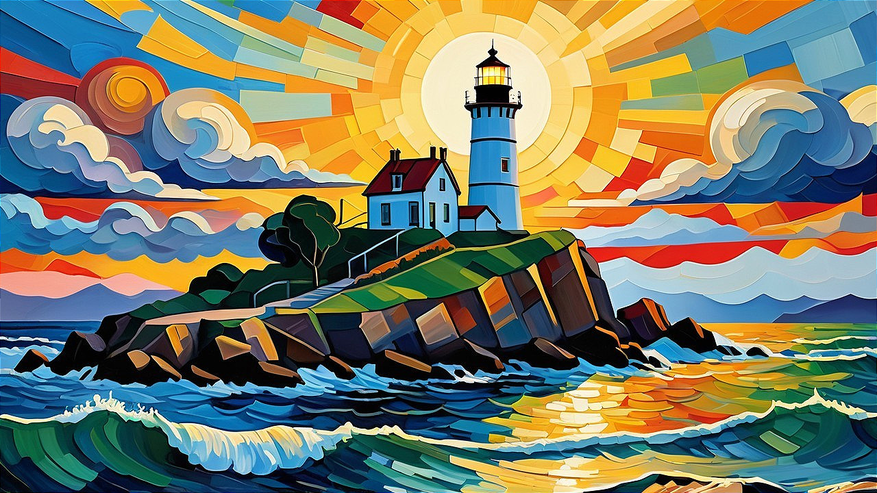Vibrant Lighthouse Painting on Rocky Island Landscape