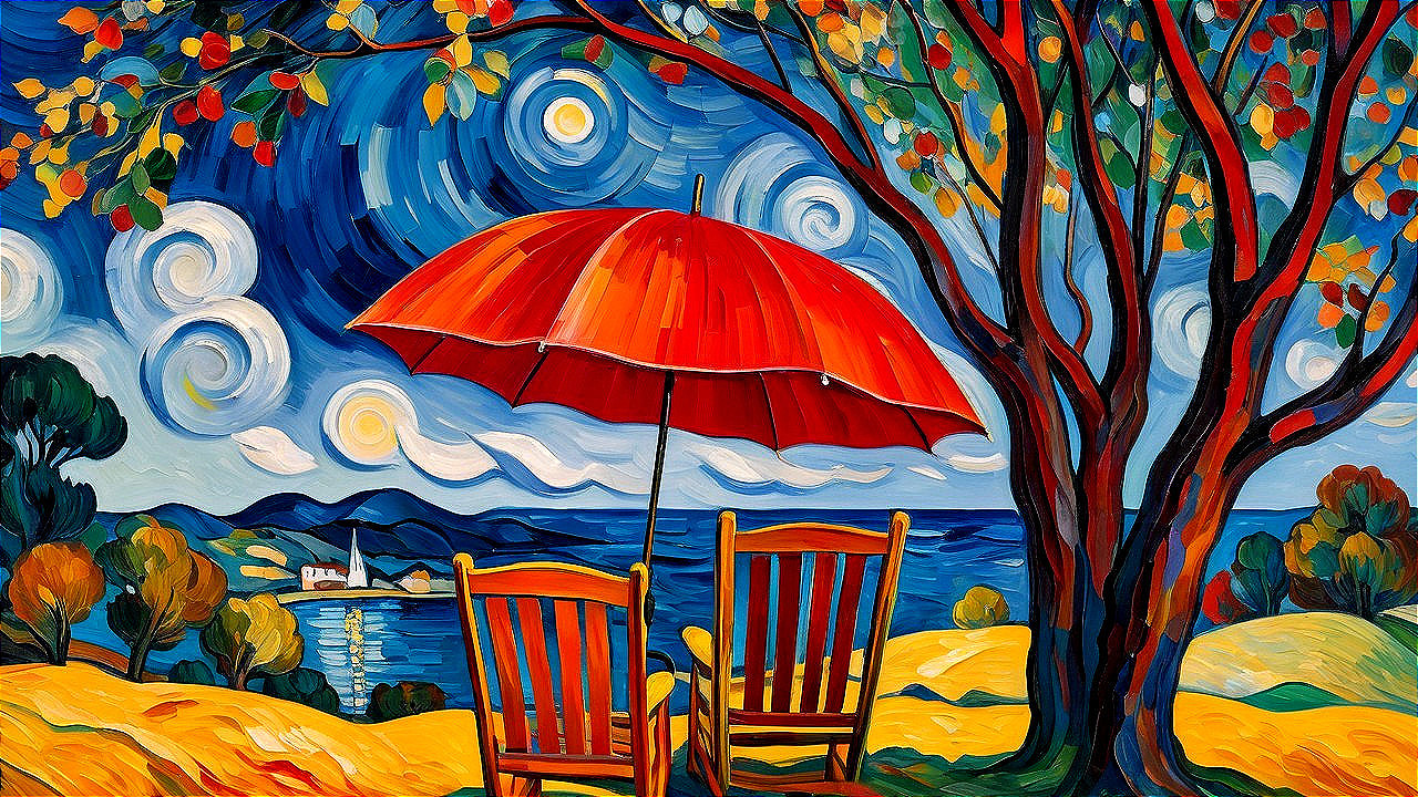 Vibrant Landscape Painting of Serene Seaside Scene