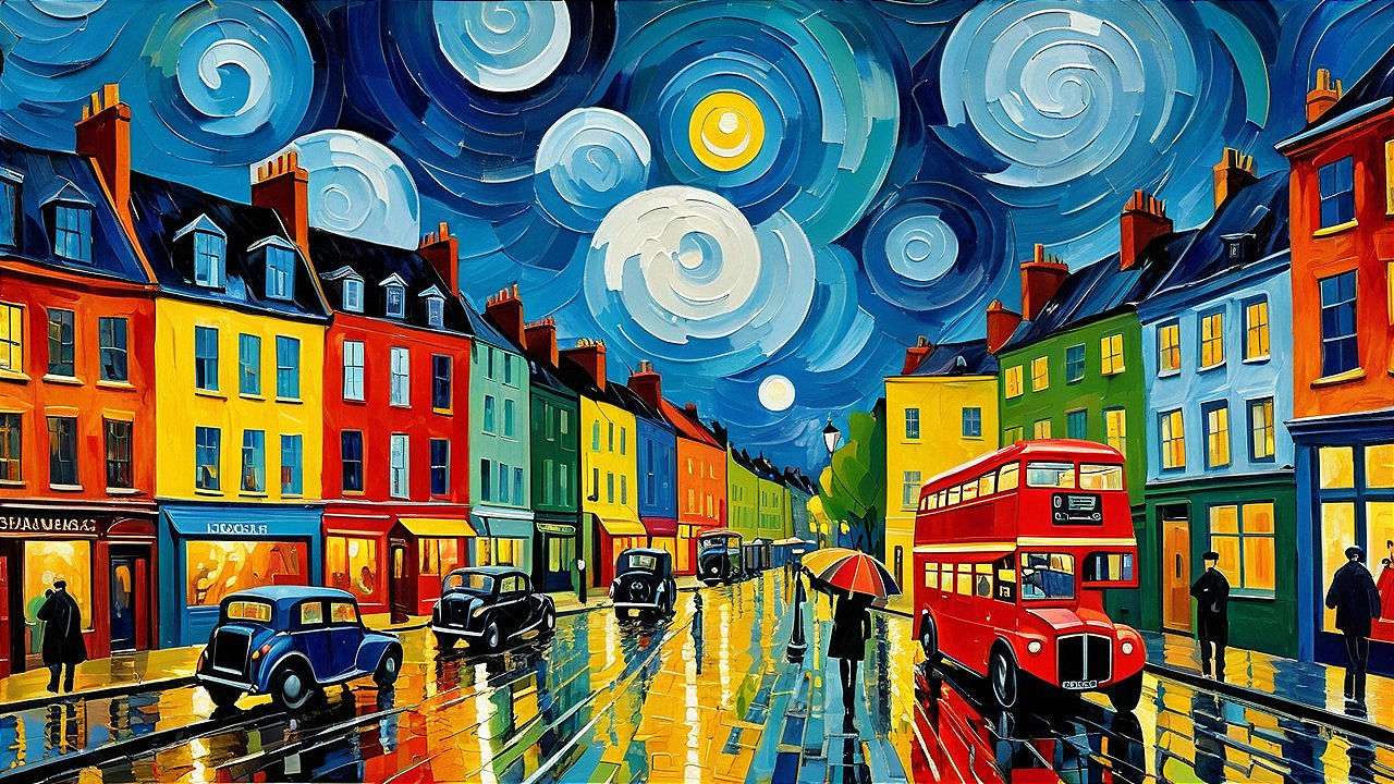 Vibrant Street Scene with Colorful Buildings and Bus