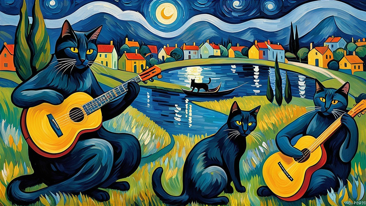 Whimsical Painting of Cats with Guitars in Nature