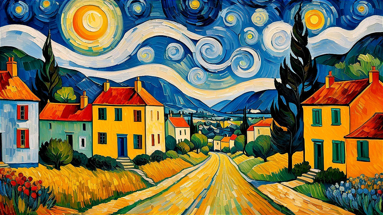 Colorful Village Scene with Swirling Moon and Stars